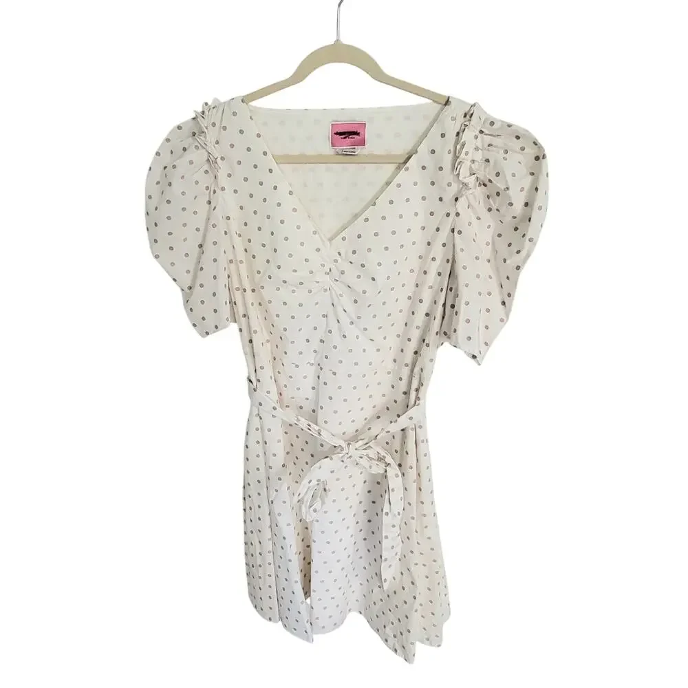Kate Spade Puff Sleeve Polka Dot Mini Dress V Neck White Pink Tie Cotton Large